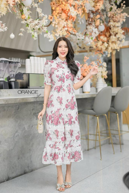 Orange Collar Floral Print Half Sleeves Mid-Length Dresses